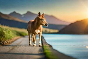 a horse walking along a road near a lake. AI-Generated photo