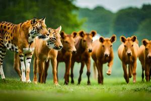 a tiger and a group of cows in a field. AI-Generated photo