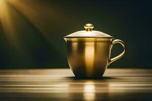 golden teapot on a wooden table. AI-Generated photo