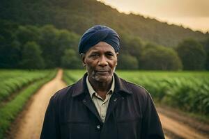 un africano hombre en un turbante soportes en un campo. generado por ai foto