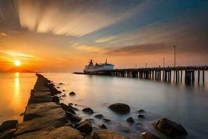 a long exposure photograph of a pier at sunset. AI-Generated photo