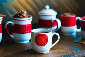 a table with several red and white coffee mugs. AI-Generated photo