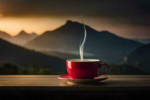 un taza de café en un de madera mesa en frente de un montaña vista. generado por ai foto