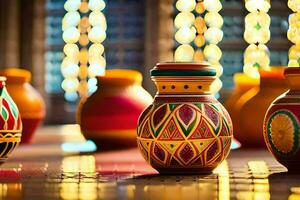colorful vases are lined up in a row. AI-Generated photo