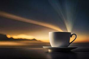 a cup of coffee on a table with a sunset in the background. AI-Generated photo