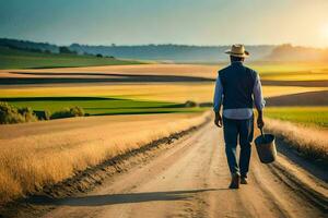 un hombre caminando abajo un suciedad la carretera con un balde. generado por ai foto