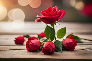 red roses on a wooden table with bokeh. AI-Generated photo