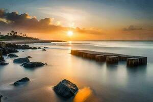 the sun sets over the ocean and rocks in the water. AI-Generated photo