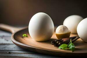 eggs on a wooden plate with a spoon. AI-Generated photo