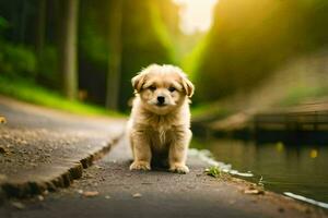 a puppy is standing on the side of a road. AI-Generated photo