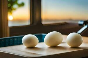 three eggs on a cutting board in front of a window. AI-Generated photo