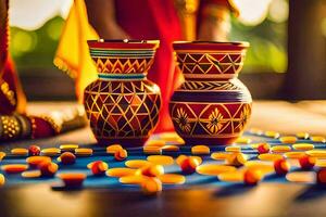 two colorful vases with colorful dots on the table. AI-Generated photo