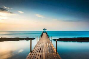 a wooden pier stretches out into the ocean at sunset. AI-Generated photo