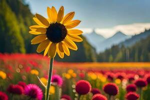 a sunflower stands in front of a field of flowers. AI-Generated photo