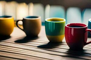 vistoso café tazas en un de madera mesa. generado por ai foto