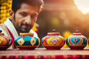 a man in traditional attire sits in front of a pottery. AI-Generated photo