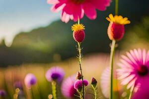 rosado flores en un campo con un Dom brillante. generado por ai foto