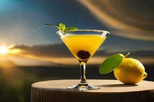 cocktail on a wooden table with sunset in the background. AI-Generated photo