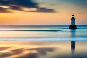 a lighthouse stands on the beach at sunset. AI-Generated photo