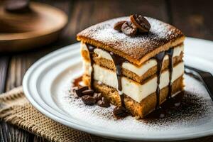 un rebanada de pastel con chocolate y café frijoles. generado por ai foto