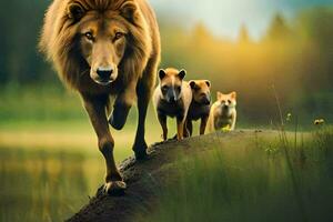 a lion and his cubs walking through the grass. AI-Generated photo