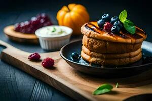 pancakes with berries and cream on a wooden board. AI-Generated photo