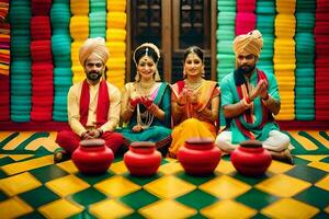 Tres indio mujer y un hombre en vistoso trajes generado por ai foto
