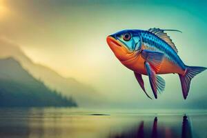 un pescado es volador terminado un lago con montañas en el antecedentes. generado por ai foto