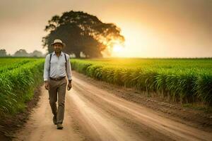 a man walking down a dirt road in front of a field. AI-Generated photo