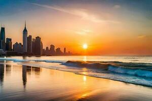 the sun sets over the city skyline in dubai. AI-Generated photo