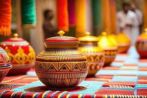 colorful pots on a table with people in the background. AI-Generated photo