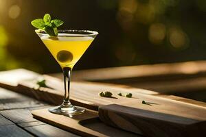 a cocktail with mint and lemon on a wooden table. AI-Generated photo