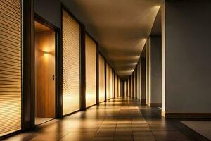 a long hallway with wooden shutters and light coming in. AI-Generated photo