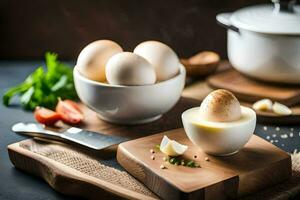 eggs in bowls and a pan on a cutting board. AI-Generated photo