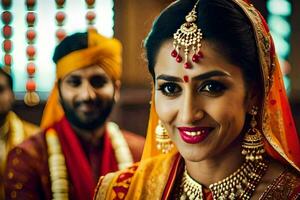 a beautiful indian bride smiling in front of her groom. AI-Generated photo