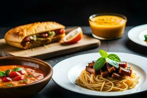 un mesa con espaguetis, un pan y vegetales. generado por ai foto