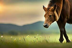 un caballo es caminando en un campo con flores generado por ai foto