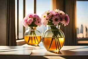 two vases with pink flowers sitting on a table. AI-Generated photo