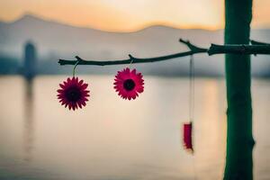 dos rojo flores colgando desde un rama cerca el agua. generado por ai foto