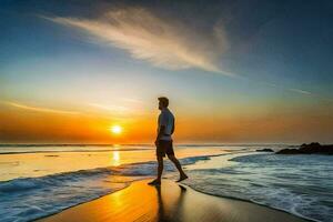 un hombre caminando en el playa a puesta de sol. generado por ai foto