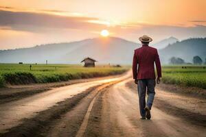 a man in a red suit walks down a dirt road at sunset. AI-Generated photo