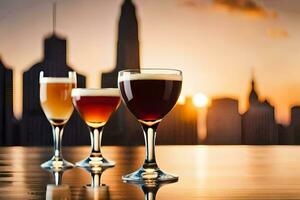 three glasses of beer on a table in front of a city skyline. AI-Generated photo