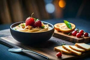 a bowl of pasta with strawberries and a slice of bread on a wooden table. AI-Generated photo