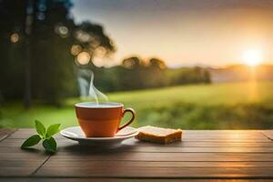 a cup of coffee and a slice of bread on a wooden table in the morning. AI-Generated photo