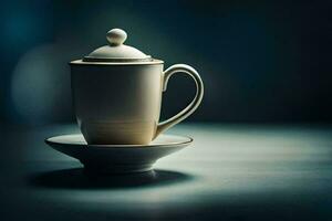 a white cup and saucer on a table. AI-Generated photo