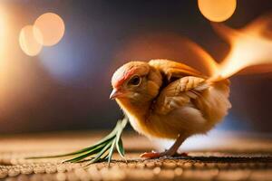 a small chicken with a fire in its beak. AI-Generated photo