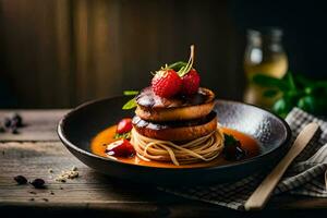 a plate with spaghetti and strawberries on top. AI-Generated photo