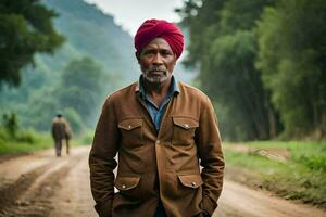 a man wearing a red turban stands on a dirt road. AI-Generated photo