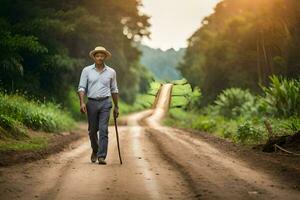 a man walking down a dirt road with cane. AI-Generated photo