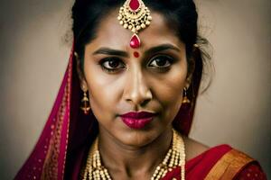 a beautiful indian woman wearing a red sari. AI-Generated photo